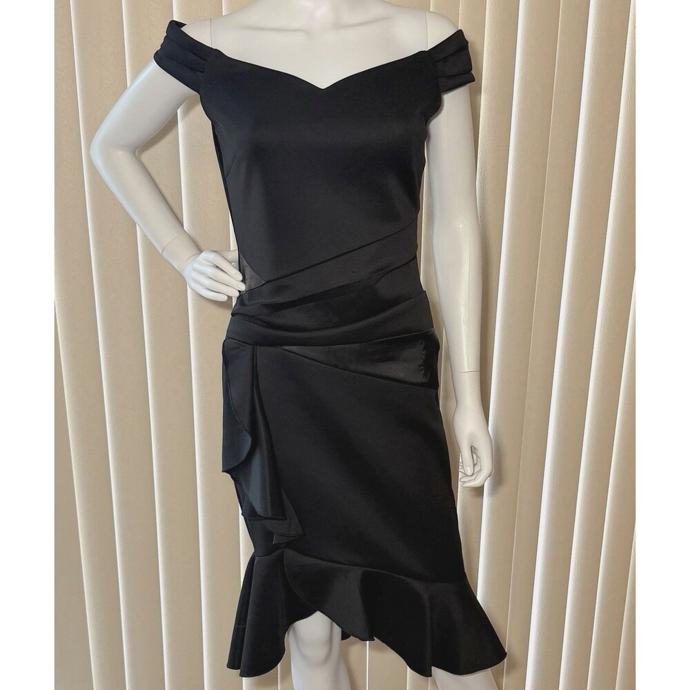 VENUS Black Off Shoulder Ruffle Hem Bodycon Cocktail Dress Size Small LBD Glam